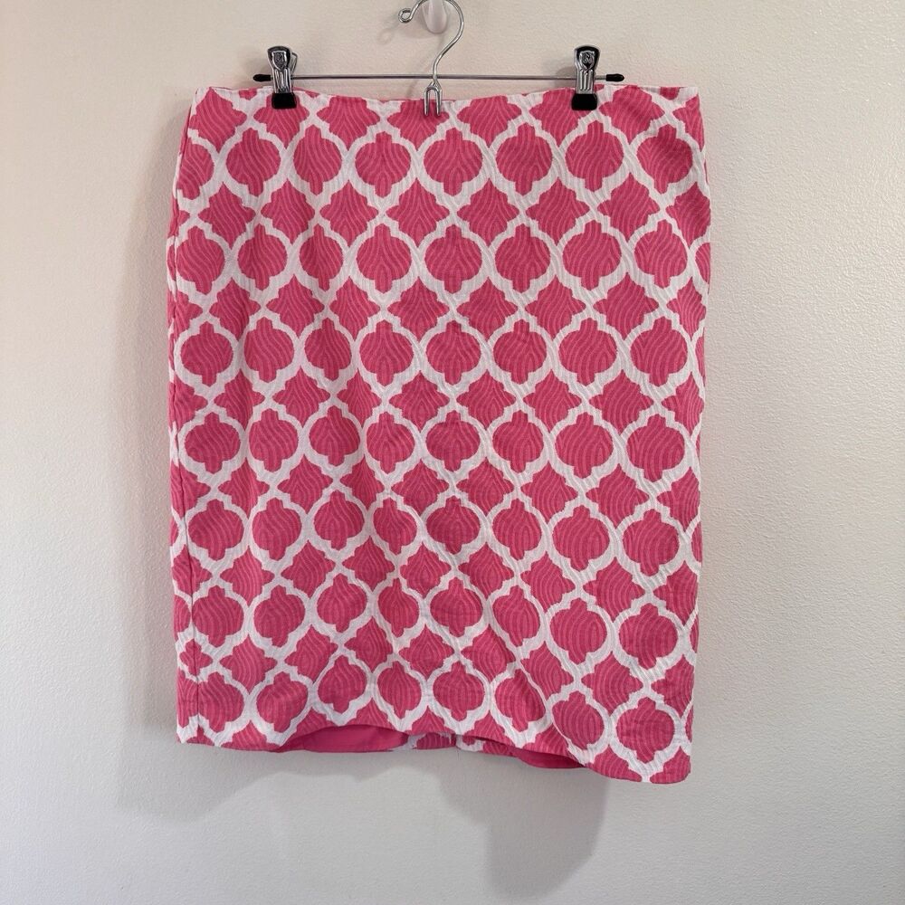 Talbots Pencil Skirt 16 Pink White 100% Cotton Geometric Textured Knit Preppy